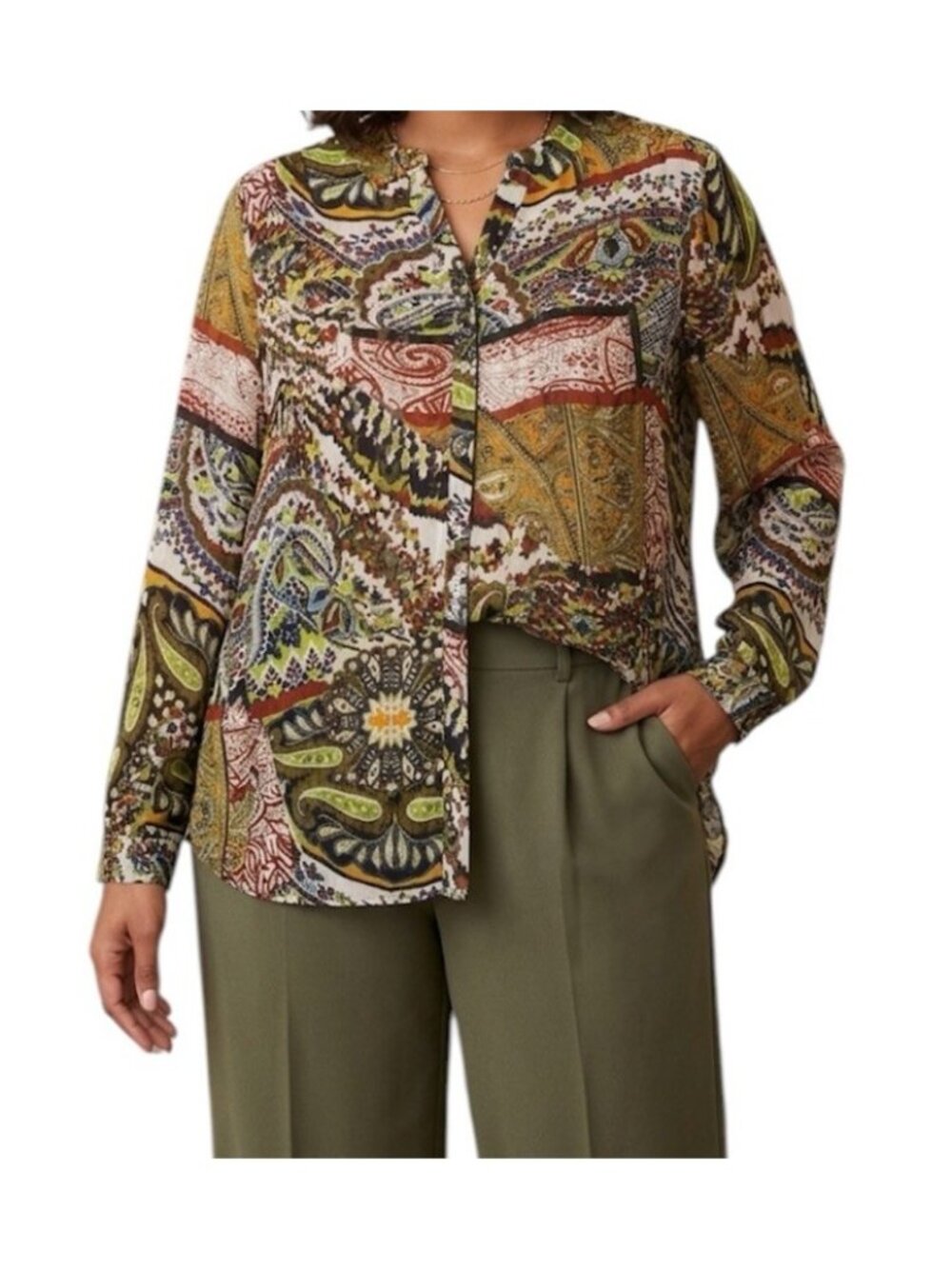 Glance Multicolor Floral Sheer Boho Peasant Button Down Long Sleeve Shirt XL